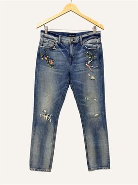 ei8ht dreams Embroidered Slim Straight Distressed Jeans Size 25 Dark Wash Birds